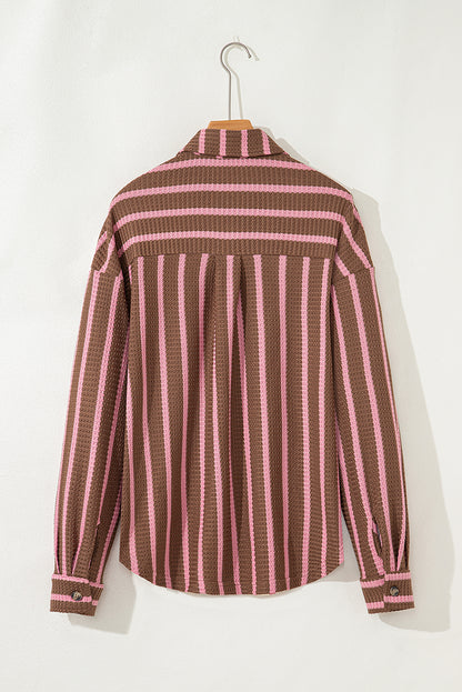 Multicolour Striped Knit Contrast Patchwork Button Flap Pocket Raw Hem Shacket