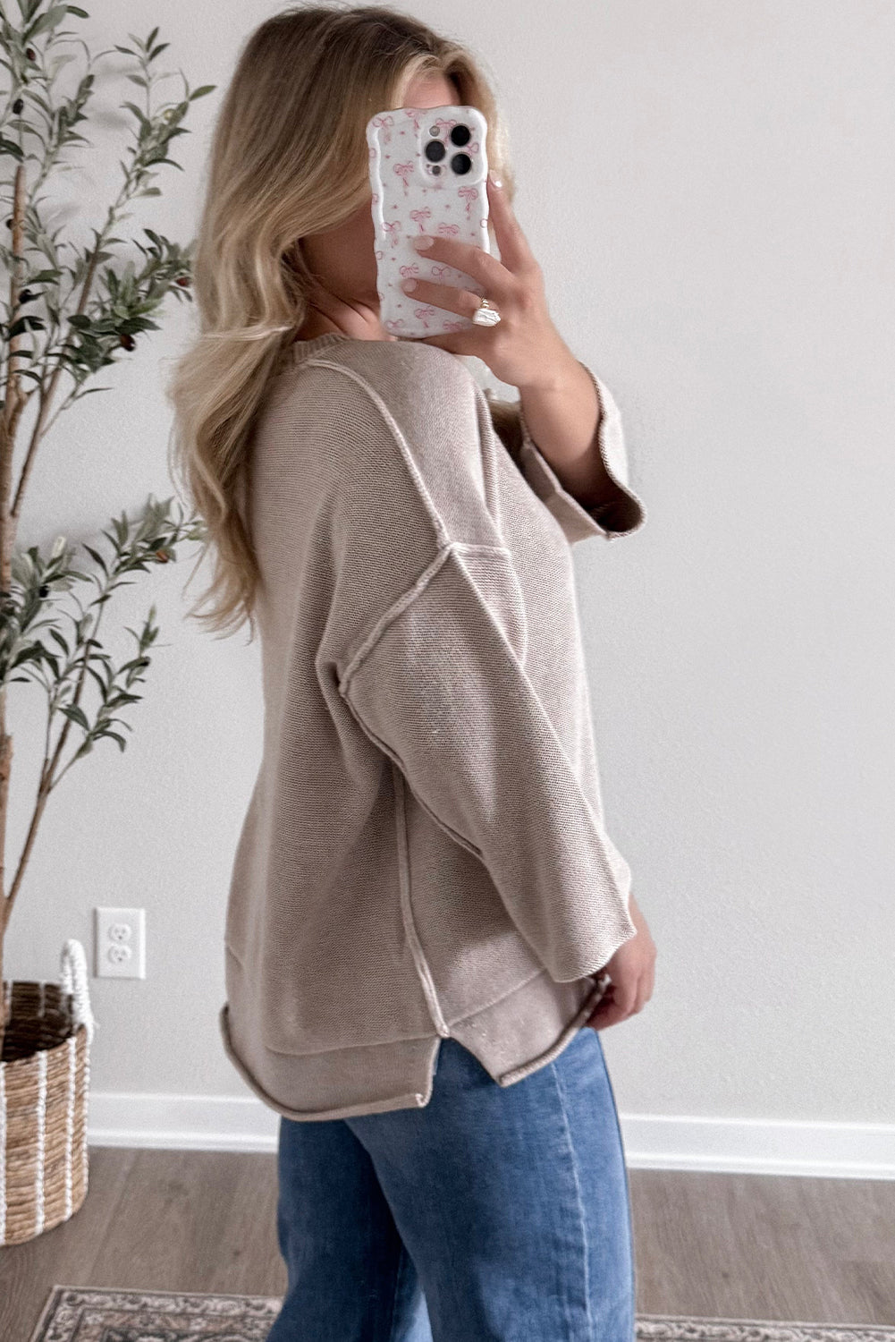 Gray Morn Exposed Seam Drop Shoulder Loose Sweater