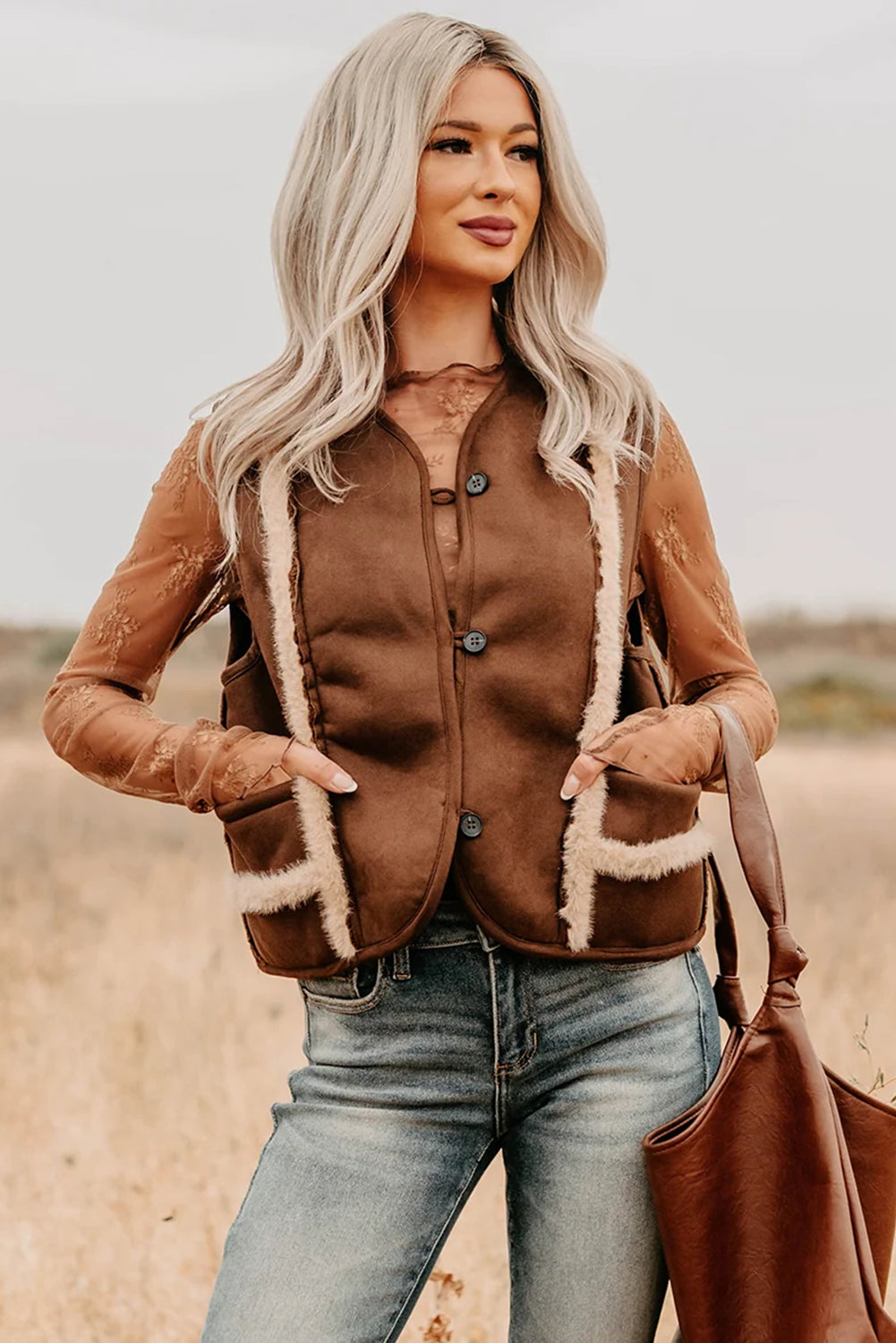 Coffee Faux Suede Plush Trim Button Down Vest