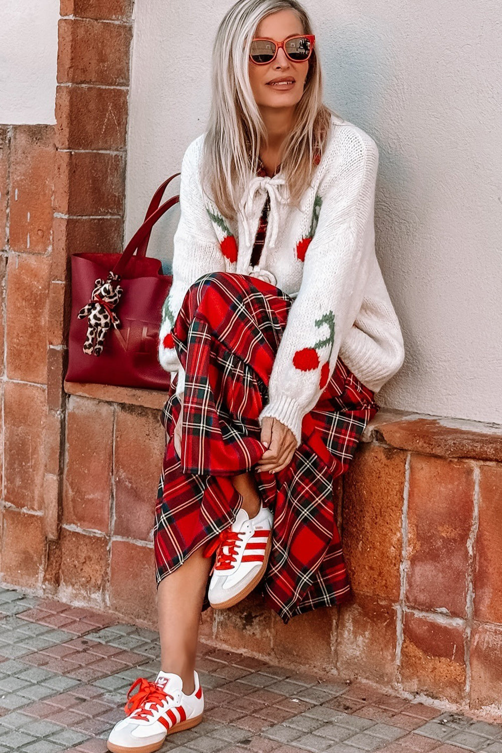 Red Plaid Long Sleeve Shirt Collar Button Down Ruffle Tiered Long Dress