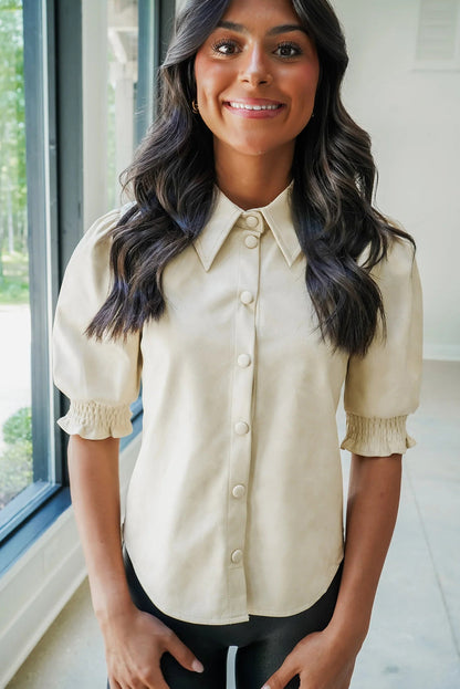Beige Solid Color Faux Suede Button Down Frilled Short Sleeve Shirt