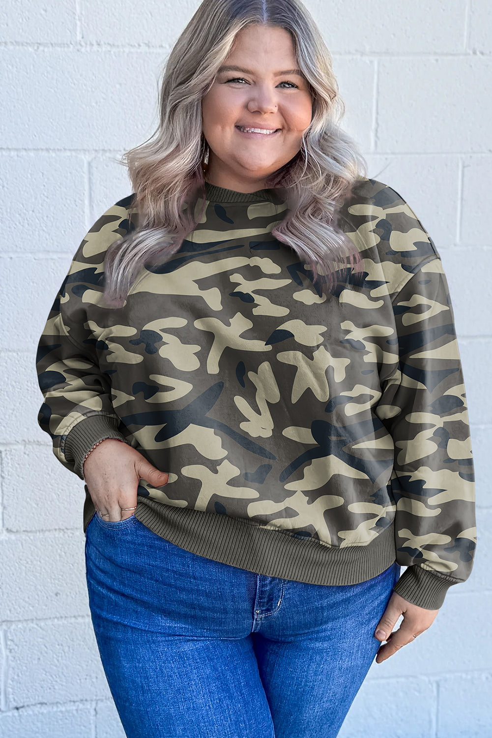 Green Camo Print Ribbed Trim Plus Sweatshirt