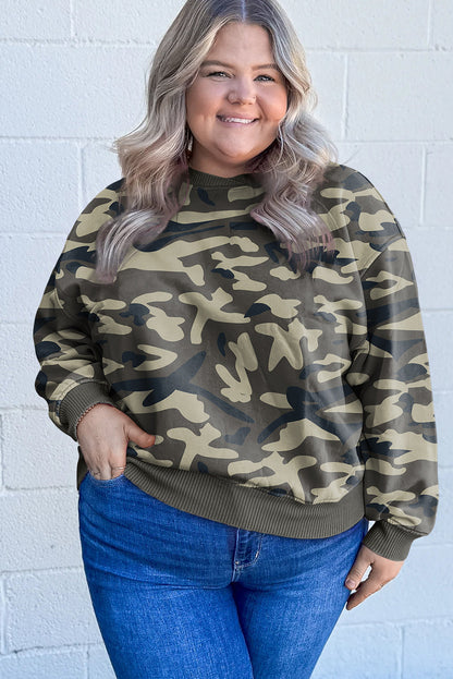 Green Camo Print Ribbed Trim Plus Sweatshirt