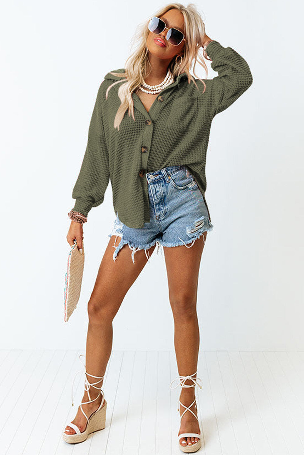 Green Textured Waffle Knit Button Down Blouse
