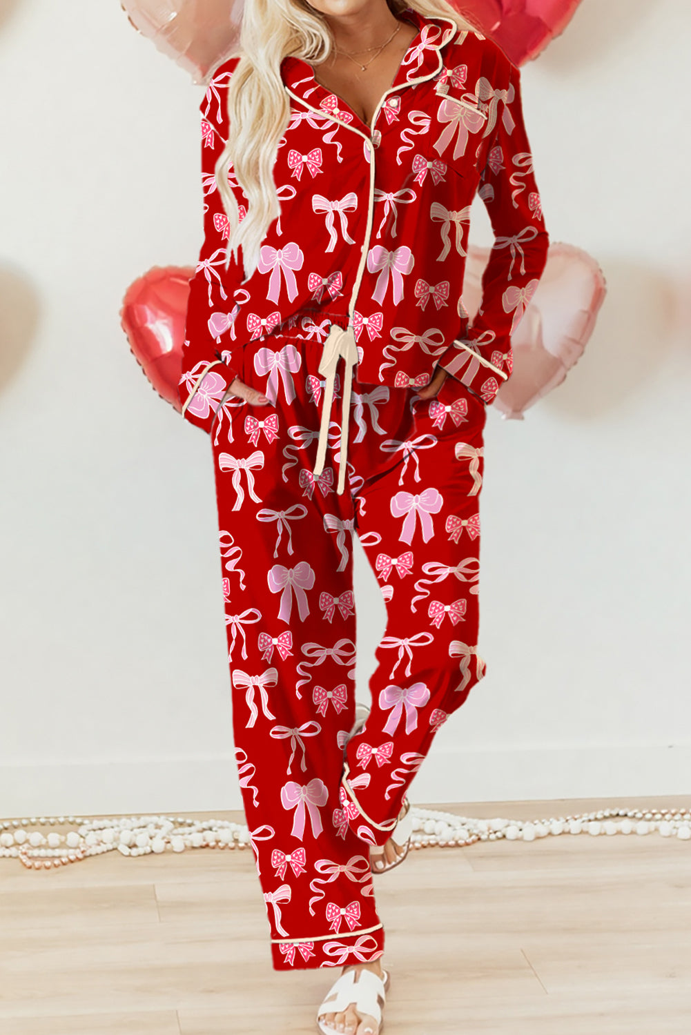 Red Sweet Bow Print Shirt Style Top Long 2pcs Pajama Set