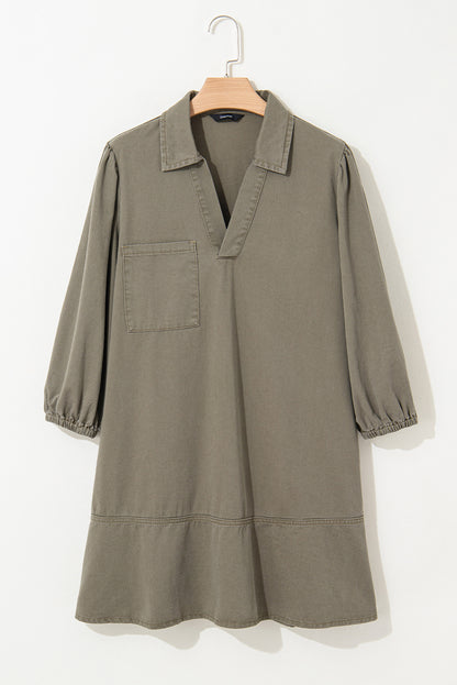 Vineyard Green V Neck Collared Single Chest Pocket Long Sleeve Denim Dress