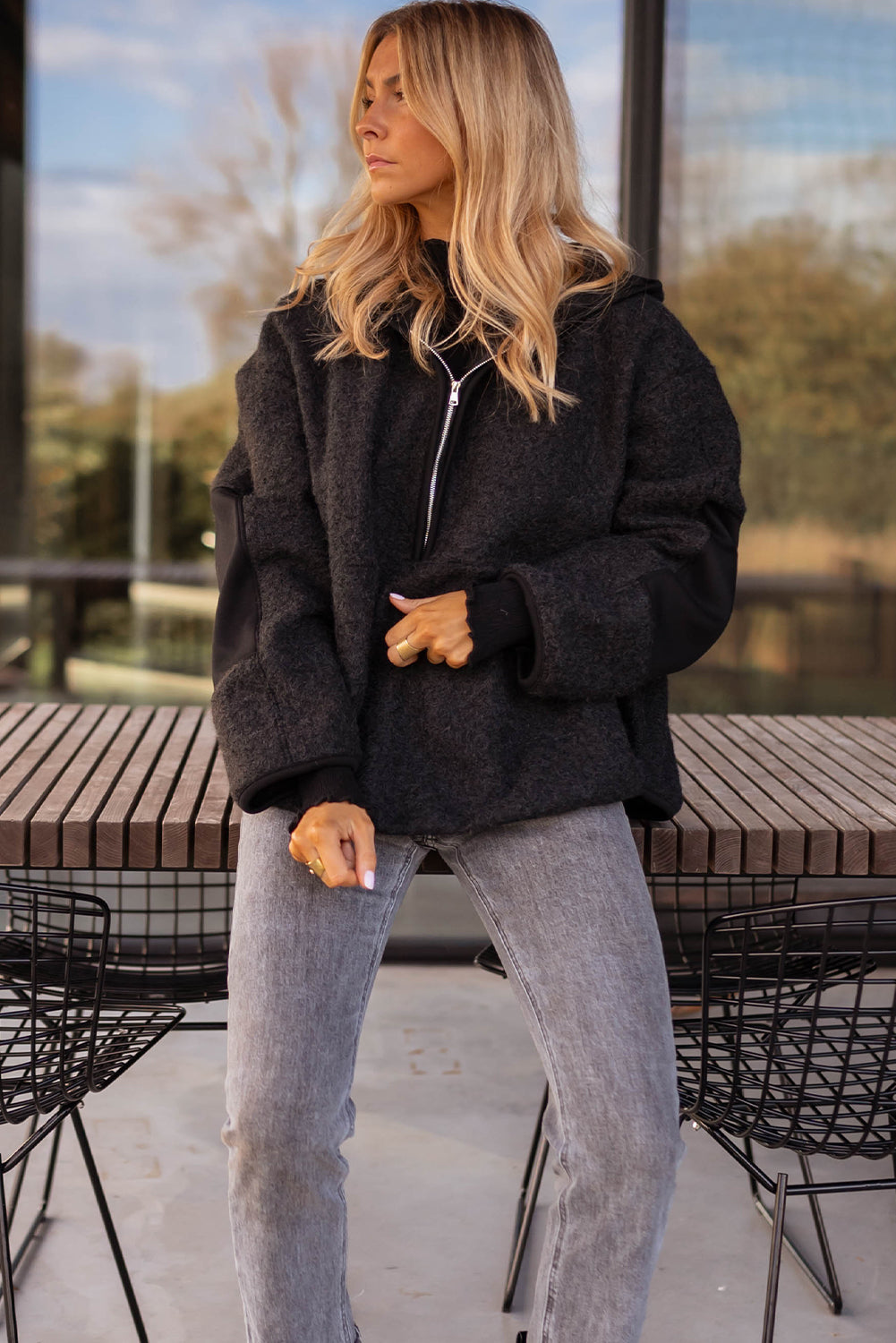 Black Woolen Blend Uneven Hem Half Zipped Pullover Baggy Hoodie