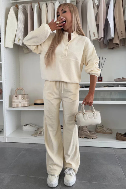 Beige Half Button Pullover Drawstring Pants Solid Color Corduroy 2pcs Outfit
