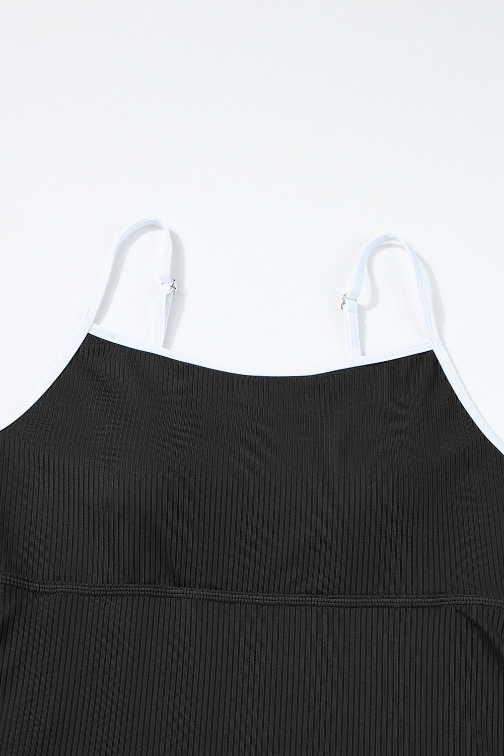 Sporty Black Ribbed Spaghetti Straps Swimdress with Flared Silhouette