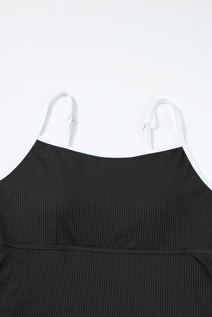 Sporty Black Ribbed Spaghetti Straps Swimdress with Flared Silhouette
