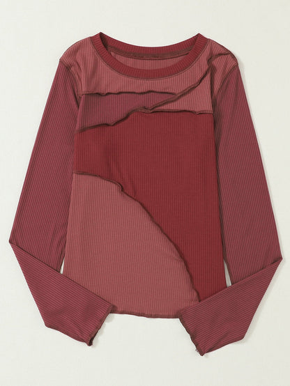 Fiery Red Color Block Ribbed Knit Top with Exposed Seams