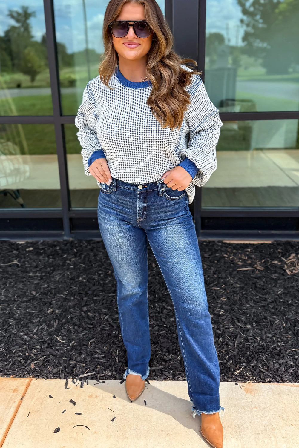 Dark Blue Waffle Knit Exposed Stitching Casual Top with Side Slits