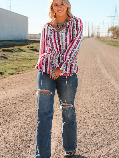 Aztec Print Peplum Blouse with Split Neck