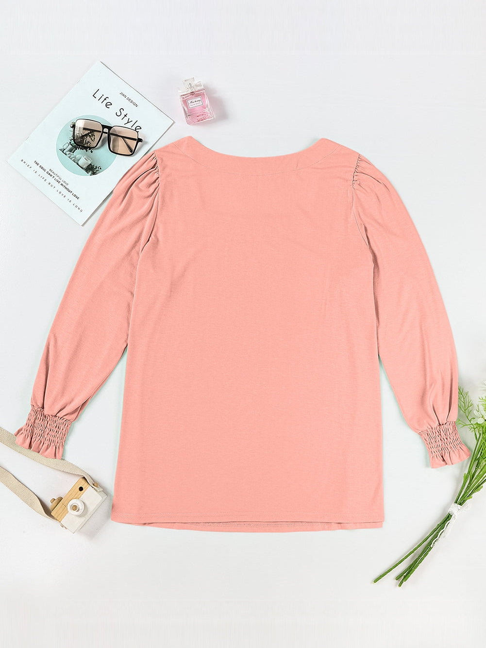 Pink Plus Size Square Neck Flounced Sleeve Top