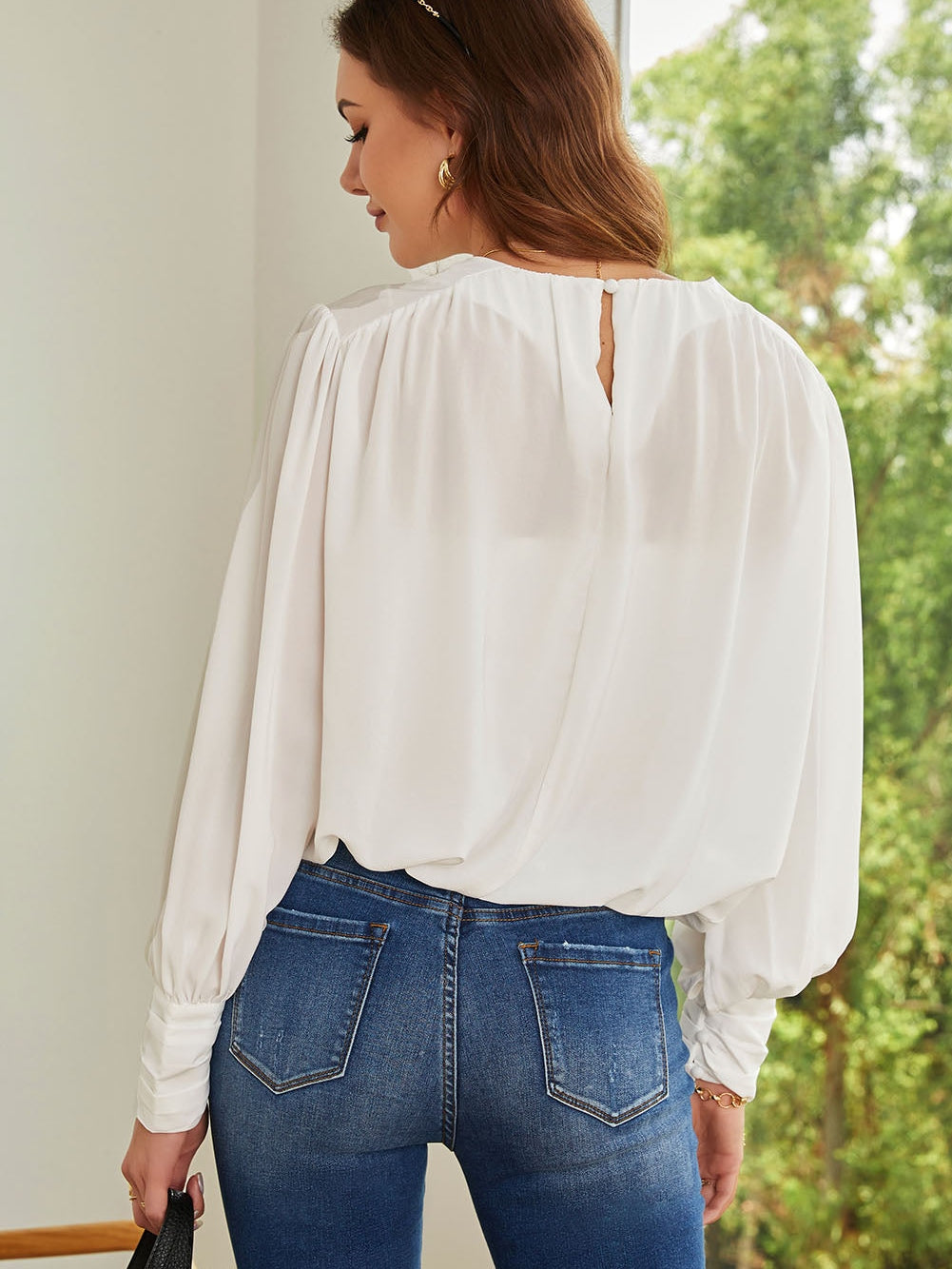 Elegant White Pleated Blouse with Puff Sleeves