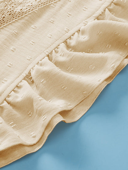 Golden Fleece Plus Size Swiss Dot Lace Trim Split Neck Babydoll Top