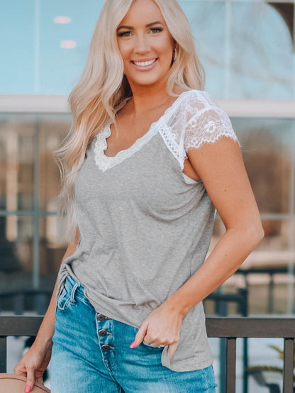 Gray Knit Lace Detail Cap Sleeve Top