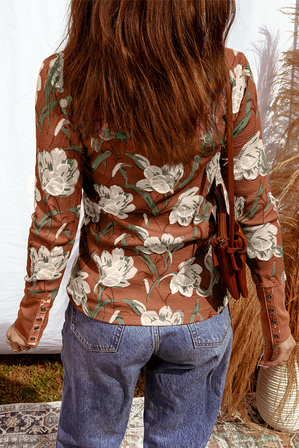 Khaki Floral Print Waffle Textured Long Sleeve Top
