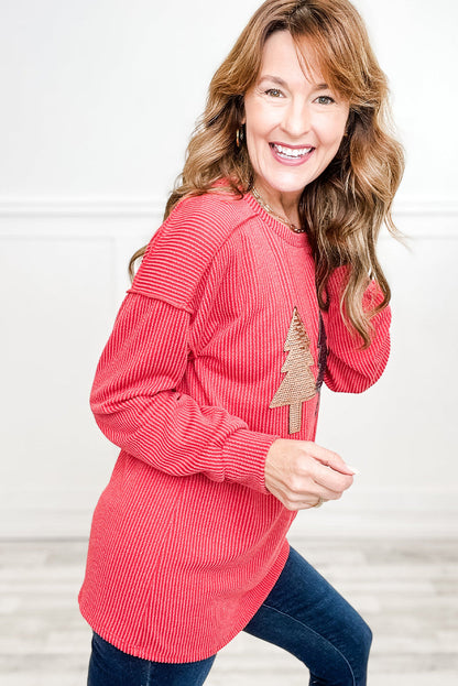 Coral Sequin Christmas Tree Patched Twisted Ribbed Drop Shoulder Long Sleeve Top