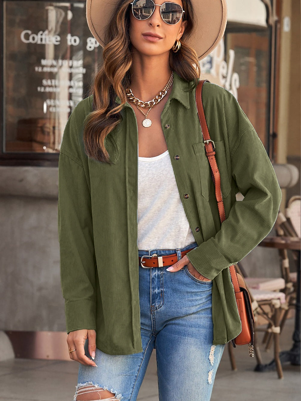 Green Corduroy Button-Up Pocket Blouse
