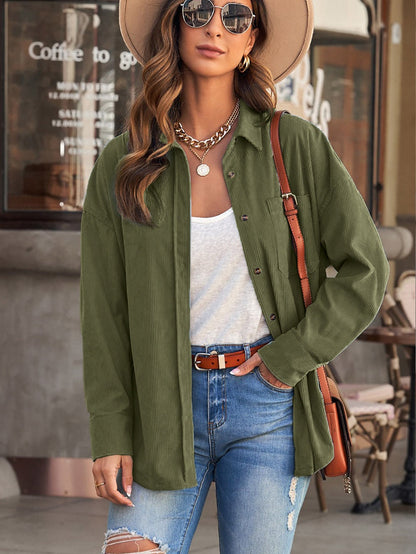 Green Corduroy Button-Up Pocket Blouse