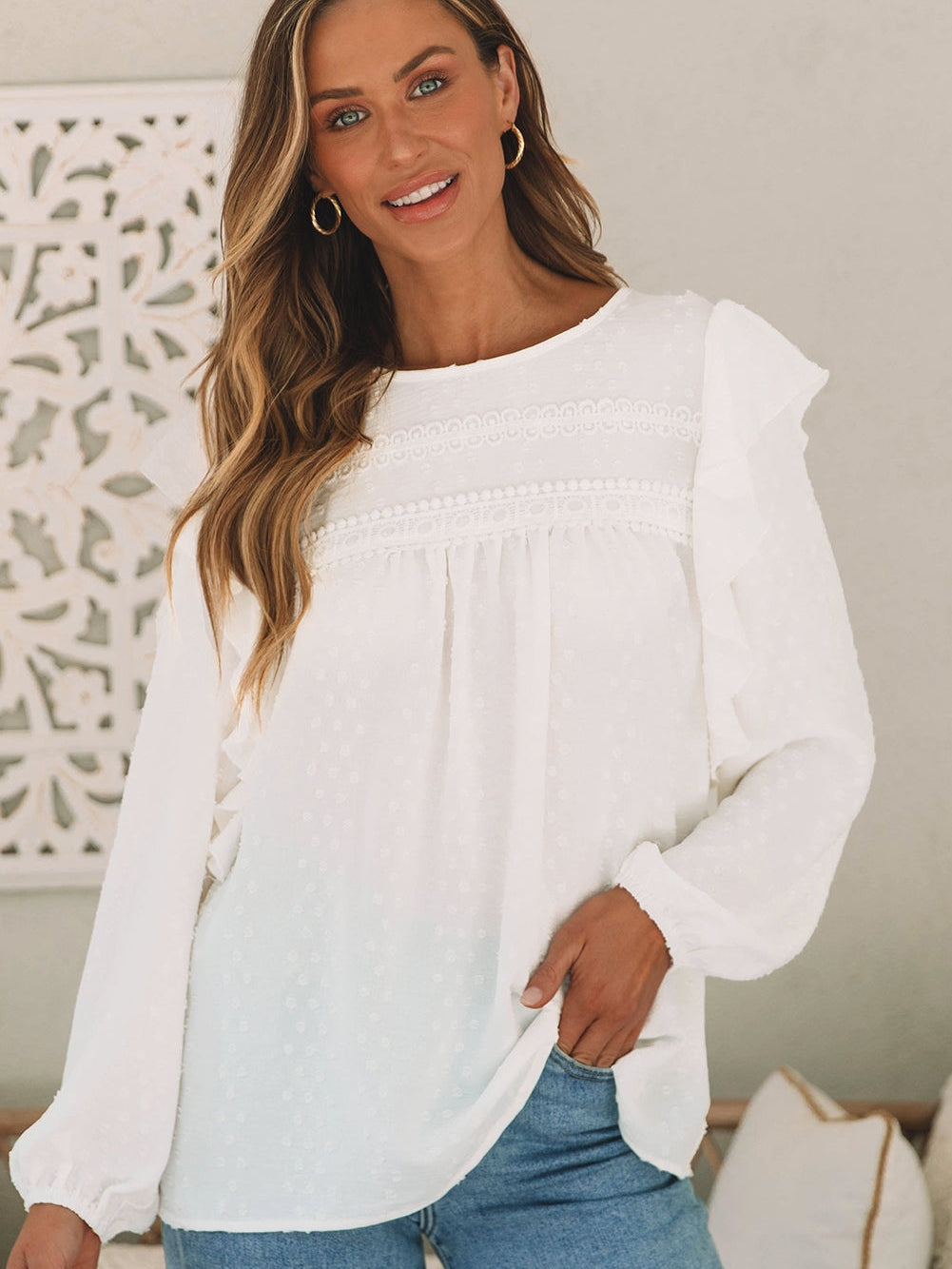 Elegant White Lace Eyelet Ruffle Sleeve Blouse