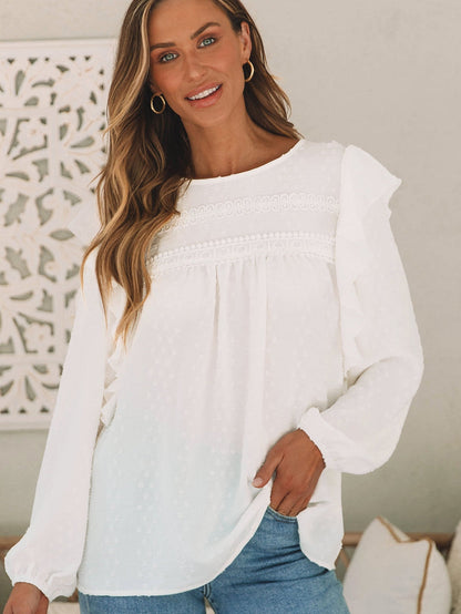 Elegant White Lace Eyelet Ruffle Sleeve Blouse