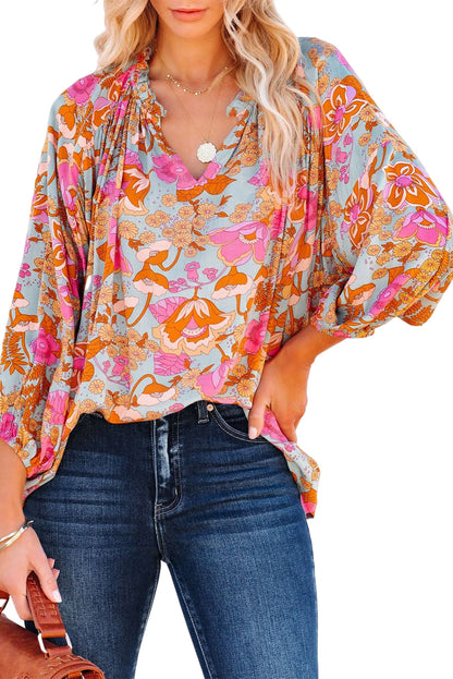 Elegant Floral Ruched V Neck Bohemian Blouse