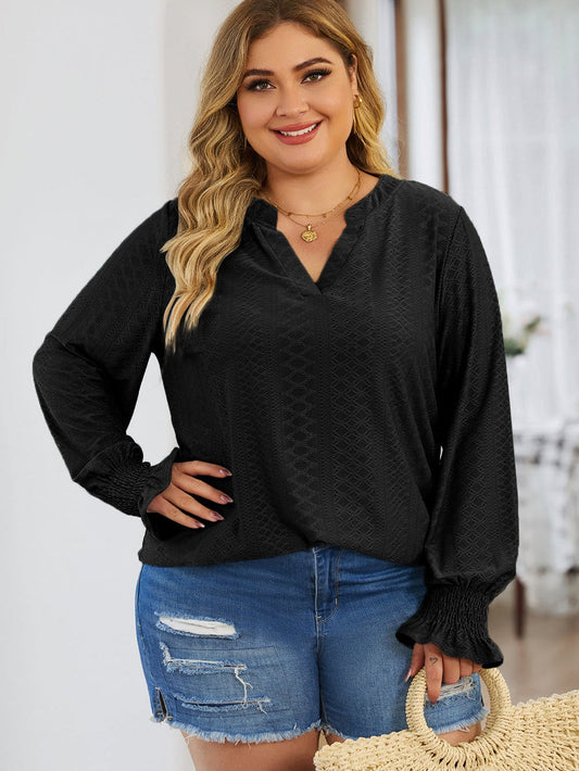 Black Eyelet Jacquard Split Neck Flounce Sleeve Plus Size Blouse