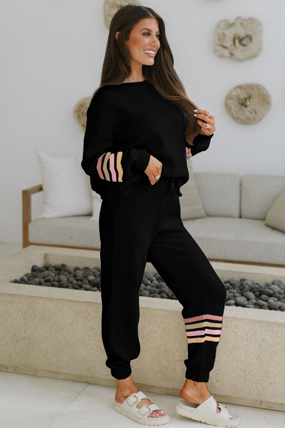 Black Striped Drop Shoulder Round Neck Pullover and Jogger Pants Active Outfit
