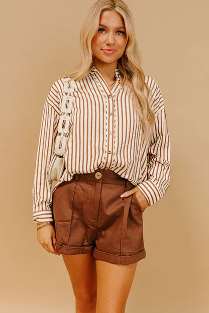 Brown Stripe Textured Hi Low Rounded Hem Casual Shirt with Slits