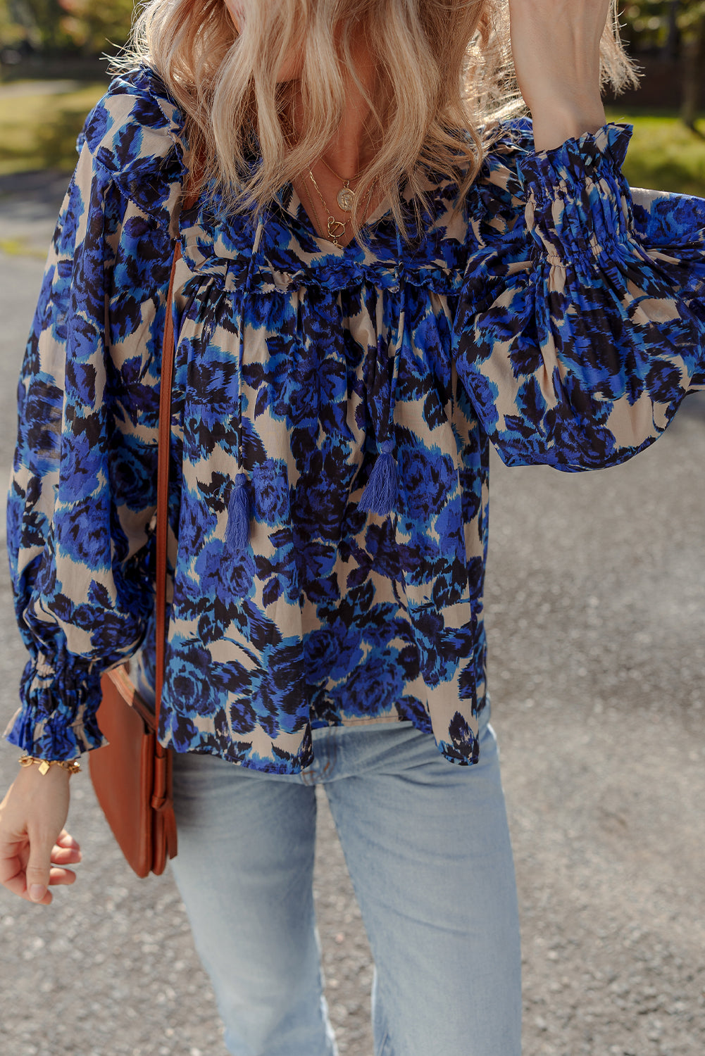 Blue Floral Print Tassel Tie Neck Ruffle Trim Long Puff Sleeve Blouse