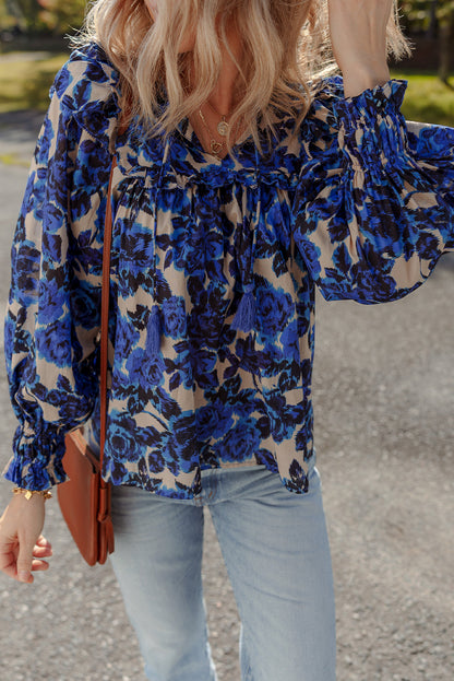 Blue Floral Print Tassel Tie Neck Ruffle Trim Long Puff Sleeve Blouse