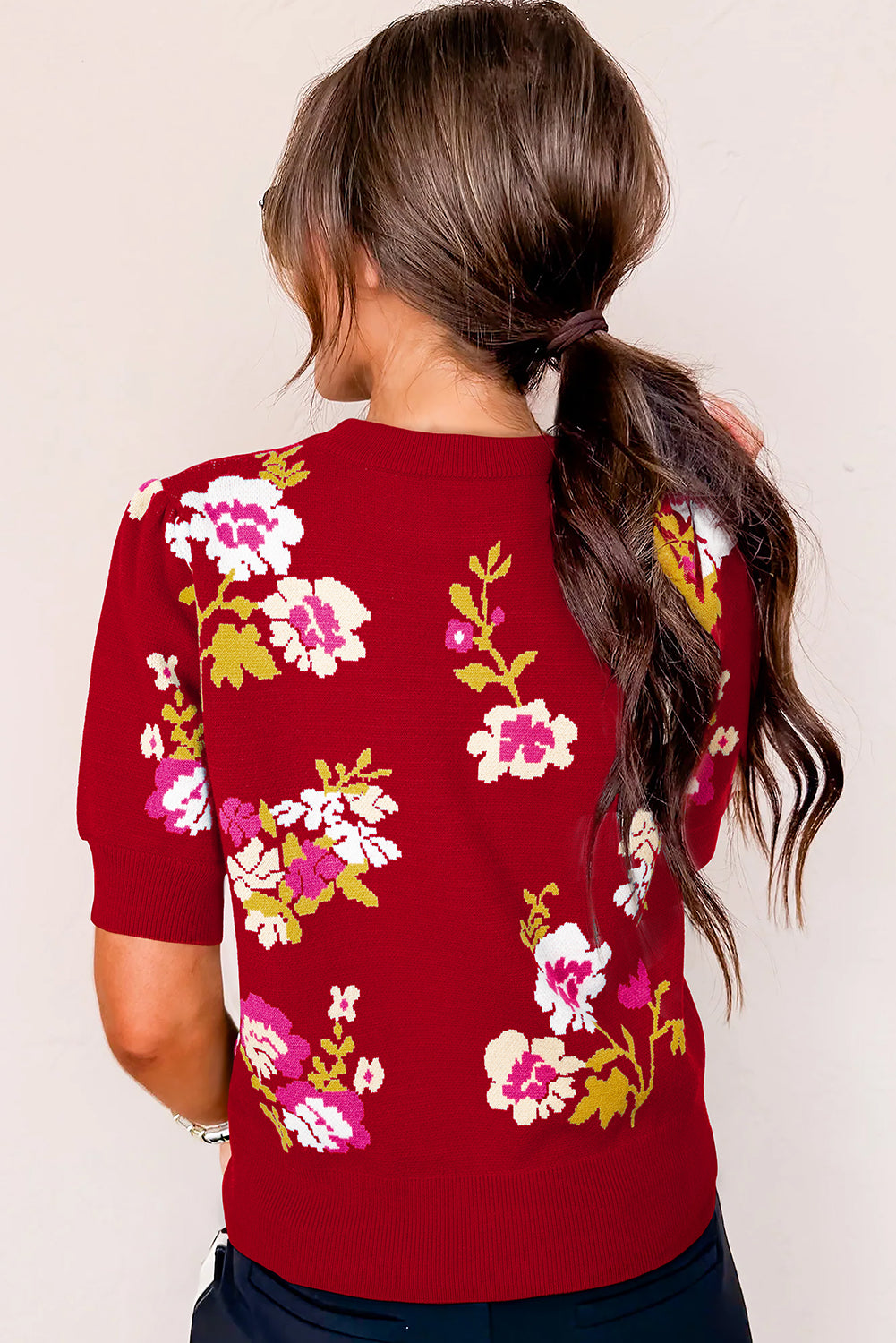 Red Flower Pattern Mock Neck Short Sleeve Knitted T Shirt