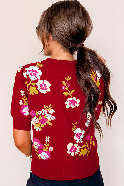 Red Flower Pattern Mock Neck Short Sleeve Knitted T Shirt