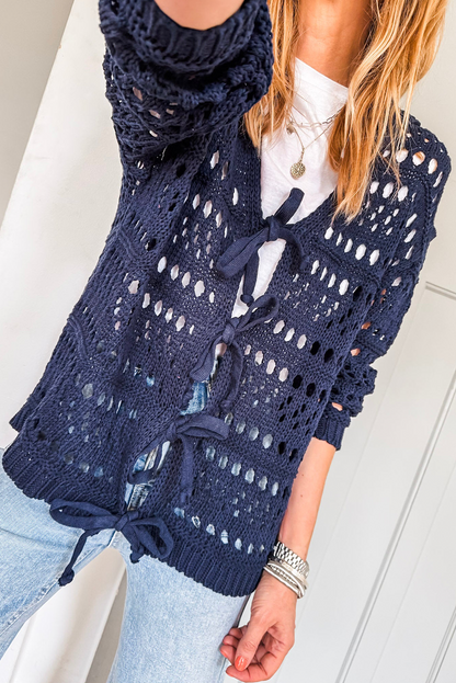 Navy Blue  Crochet Tie Front Cardigan
