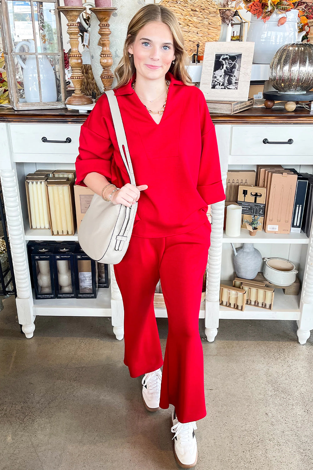 Fiery Red Polo Collar V Neck 3/4 Sleeve Pullover Drawstring Bell Bottom Pants 2pcs Set
