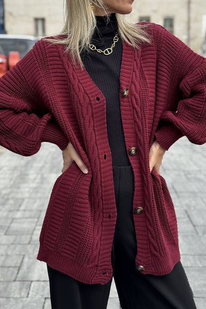 Burgundy Cable Knit Button V Neck Oversize Sweater Cardigan
