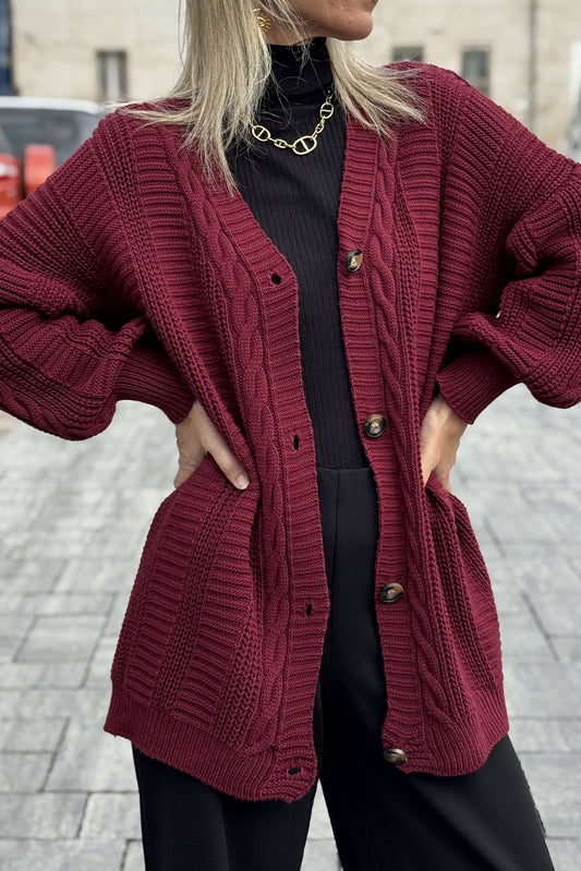 Burgundy Cable Knit Button V Neck Oversize Sweater Cardigan