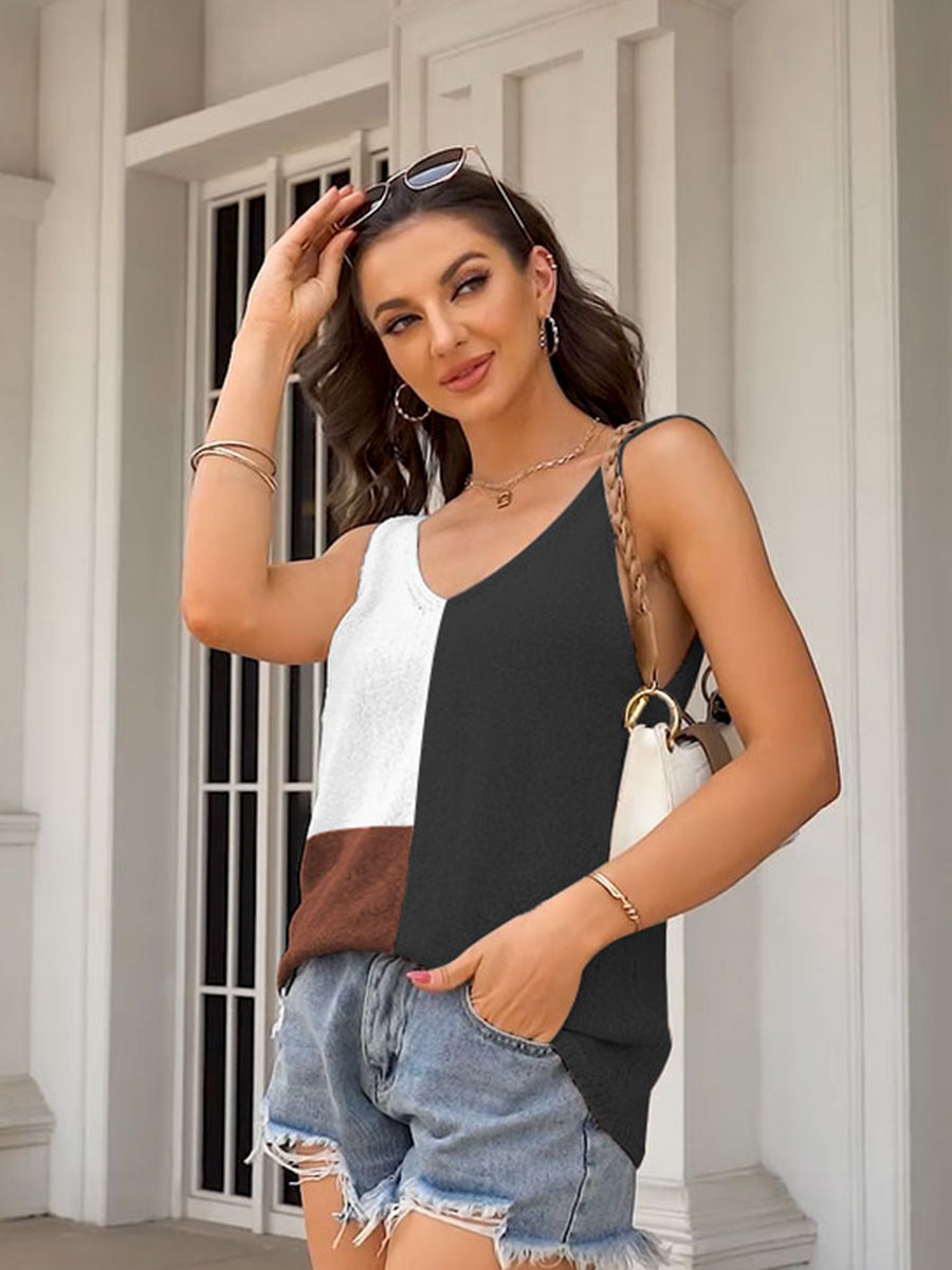 Tank Tops - Tops Stitching Color V-Neck Casual Loose Tank Top - MsDressly
