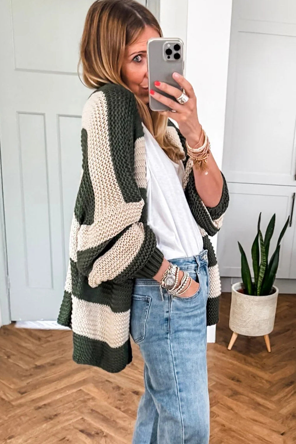 Green Stripe Drop Shoulder Open Slouchy Cardigan