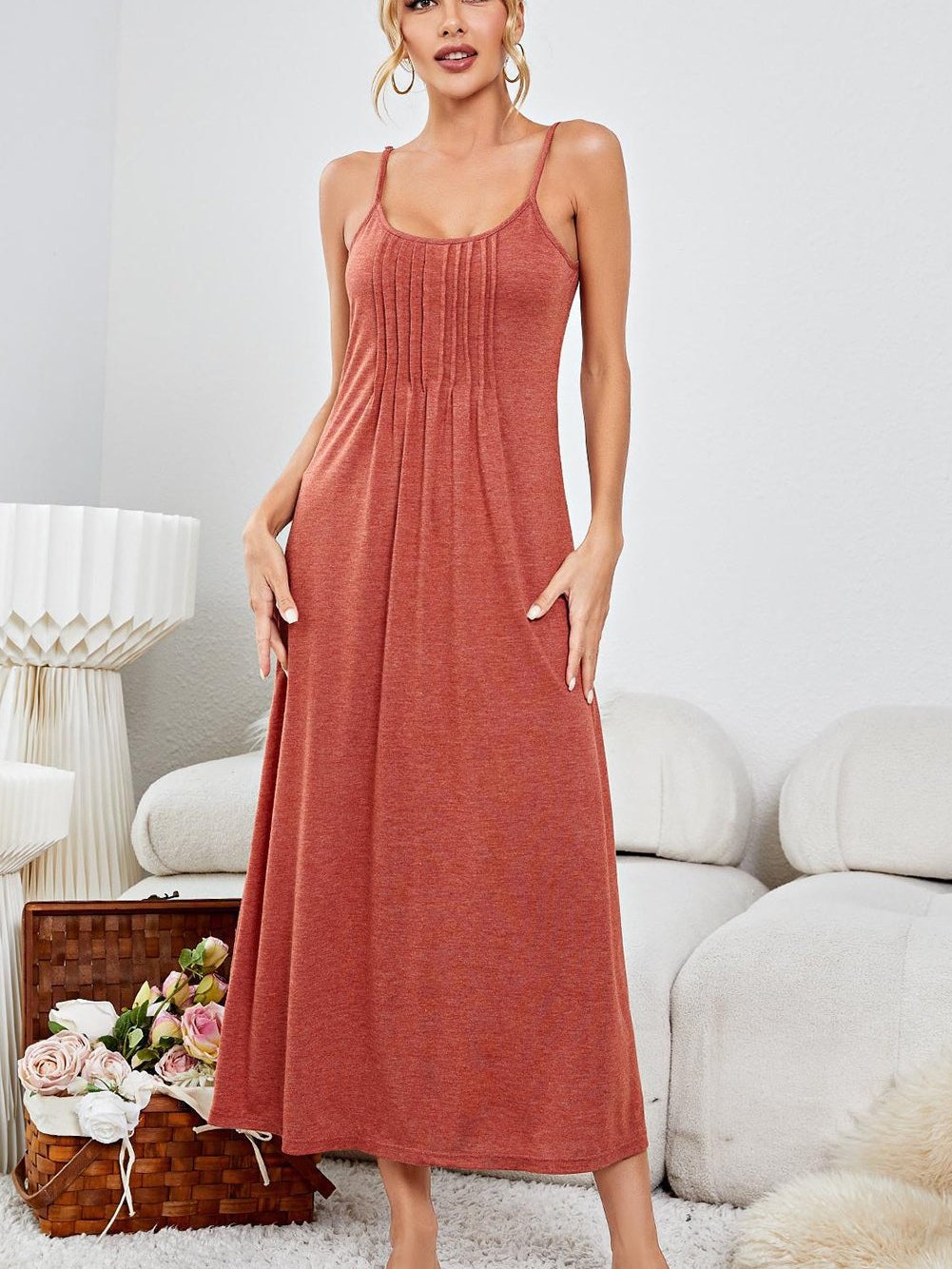 Crimson Clay Pleated Spaghetti Strap Relaxed Lounge Maxi Dress
