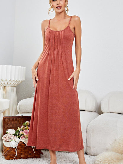 Crimson Clay Pleated Spaghetti Strap Relaxed Lounge Maxi Dress