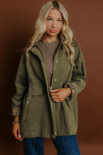 Moss Green Color Block Collar Patchwork Contrasted Leopard Liner Utility Jacket