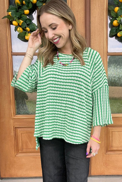 Green Stripe Bracelet Sleeve High Low Casual Top