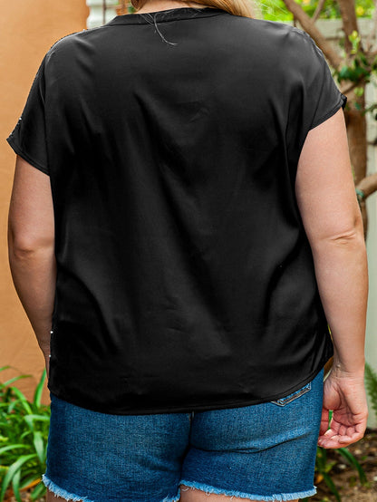 Black Plus Size Sequined Patchwork V Neck Tee