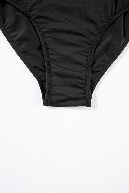 Elegant Black Lace Patchwork Halter Neck Monokini with Surplice Neck