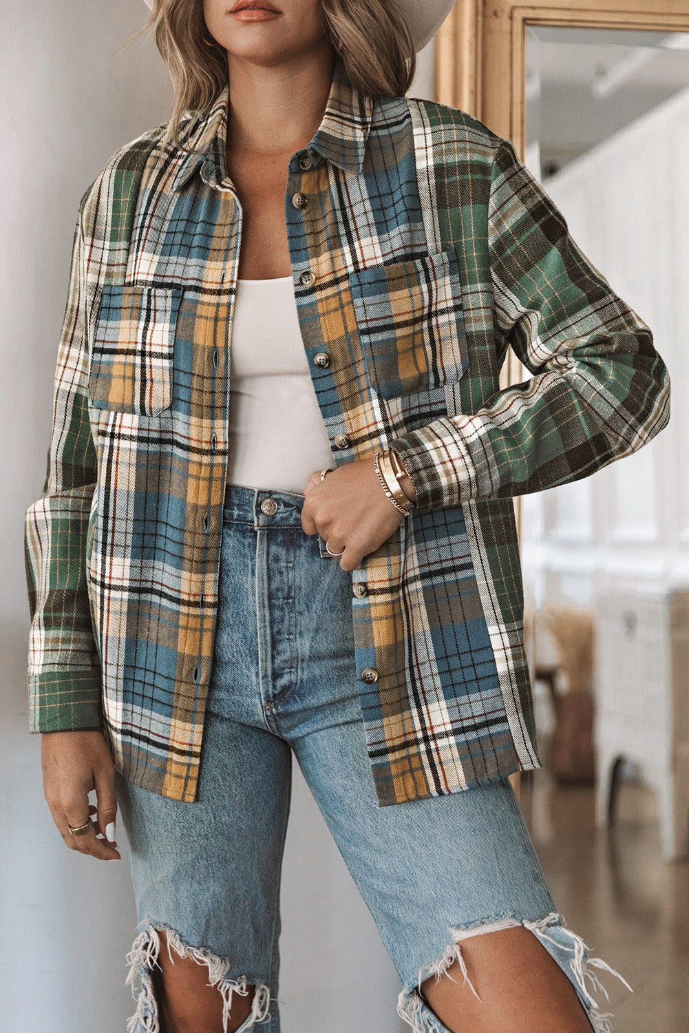 Green Plaid Shacket with Button Up Chest Pockets
