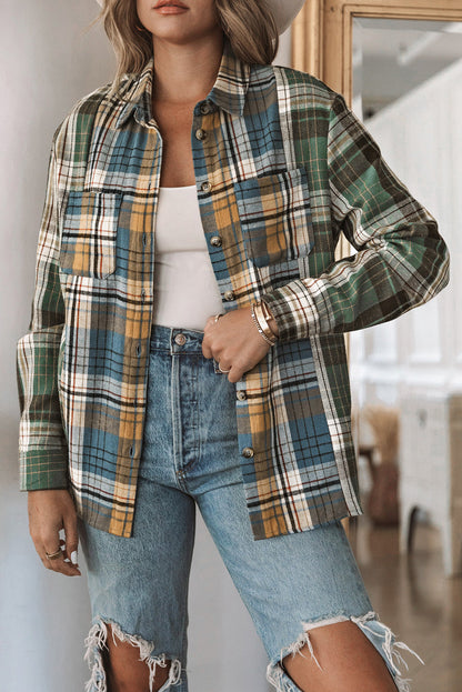 Green Plaid Shacket with Button Up Chest Pockets