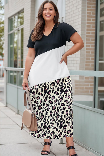 Wild Leopard Patched V Neck Plus Size Maxi Dress